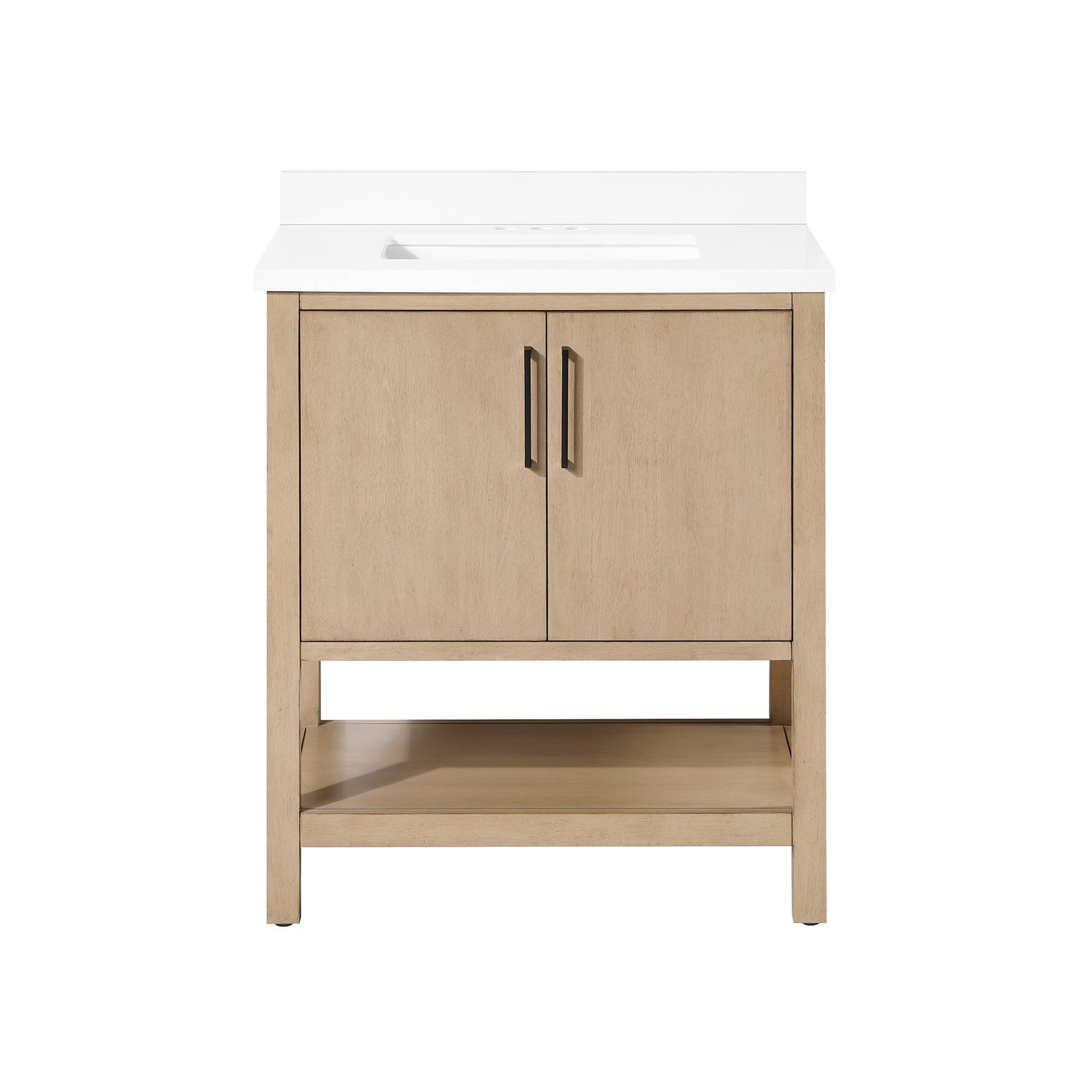 BANKS 30IN VANITY WITH SLAB DOOR IN SAHARA BIRCH WHITE QUARTZ TOP & CERAMIC BASIN