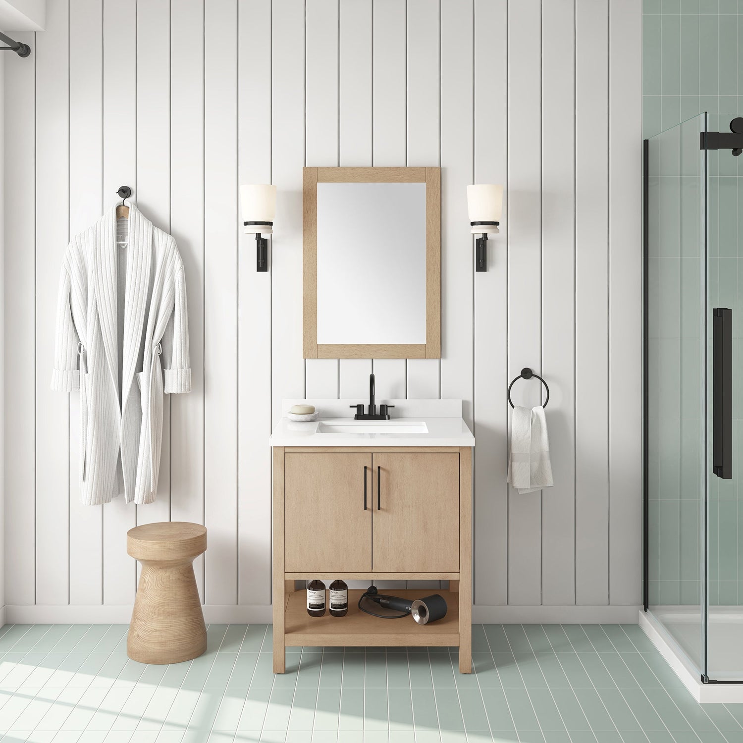 BANKS 30IN VANITY WITH SLAB DOOR IN SAHARA BIRCH WHITE QUARTZ TOP & CERAMIC BASIN