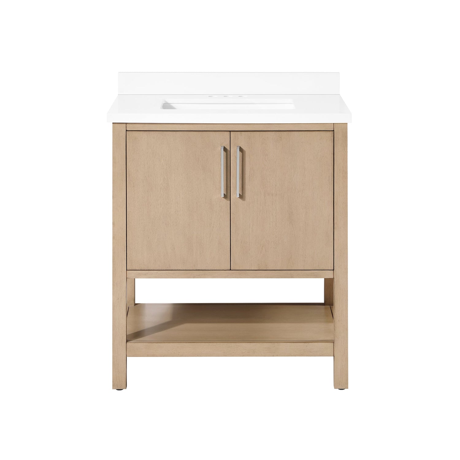 BANKS 30IN VANITY WITH SLAB DOOR IN SAHARA BIRCH WHITE QUARTZ TOP & CERAMIC BASIN