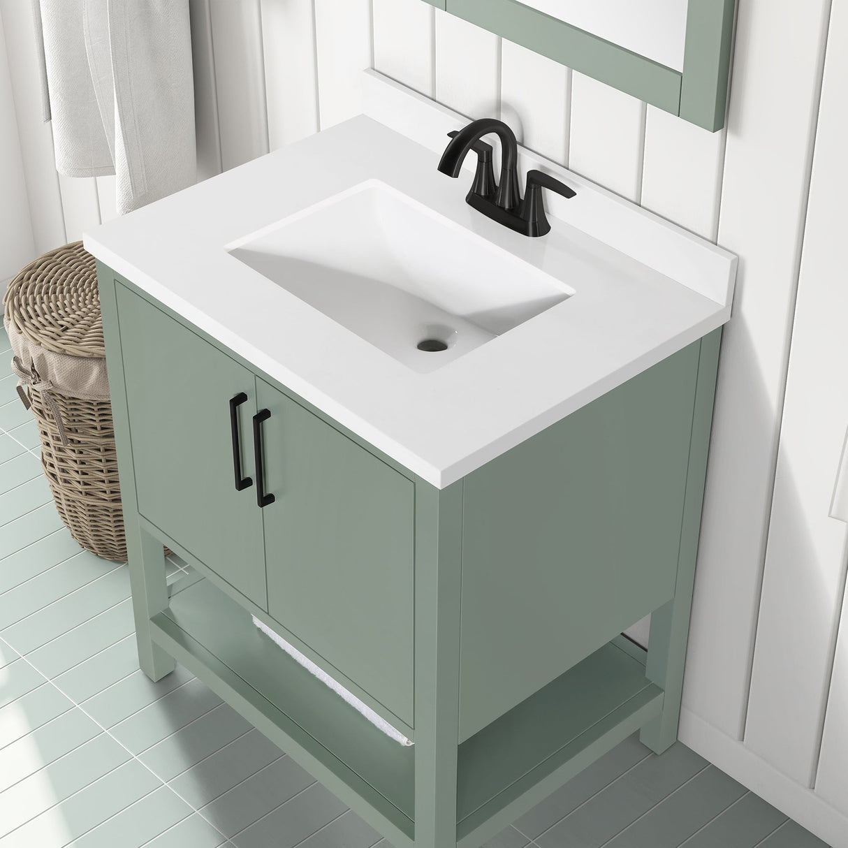 BANKS 30IN VANITY WITH SLAB DOOR IN SAGE GREEN WHITE QUARTZ TOP & CERAMIC BASIN