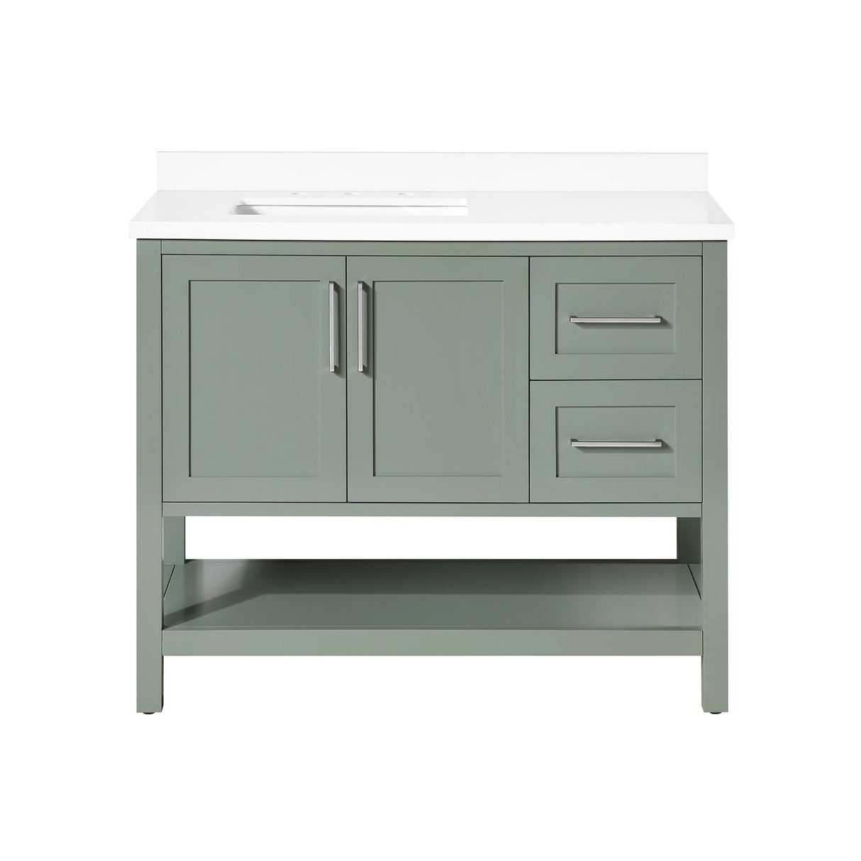 BANKS 42IN VANITY WITH SHAKER DOOR IN SAGE GREEN WHITE QUARTZ TOP & CERAMIC BASIN
