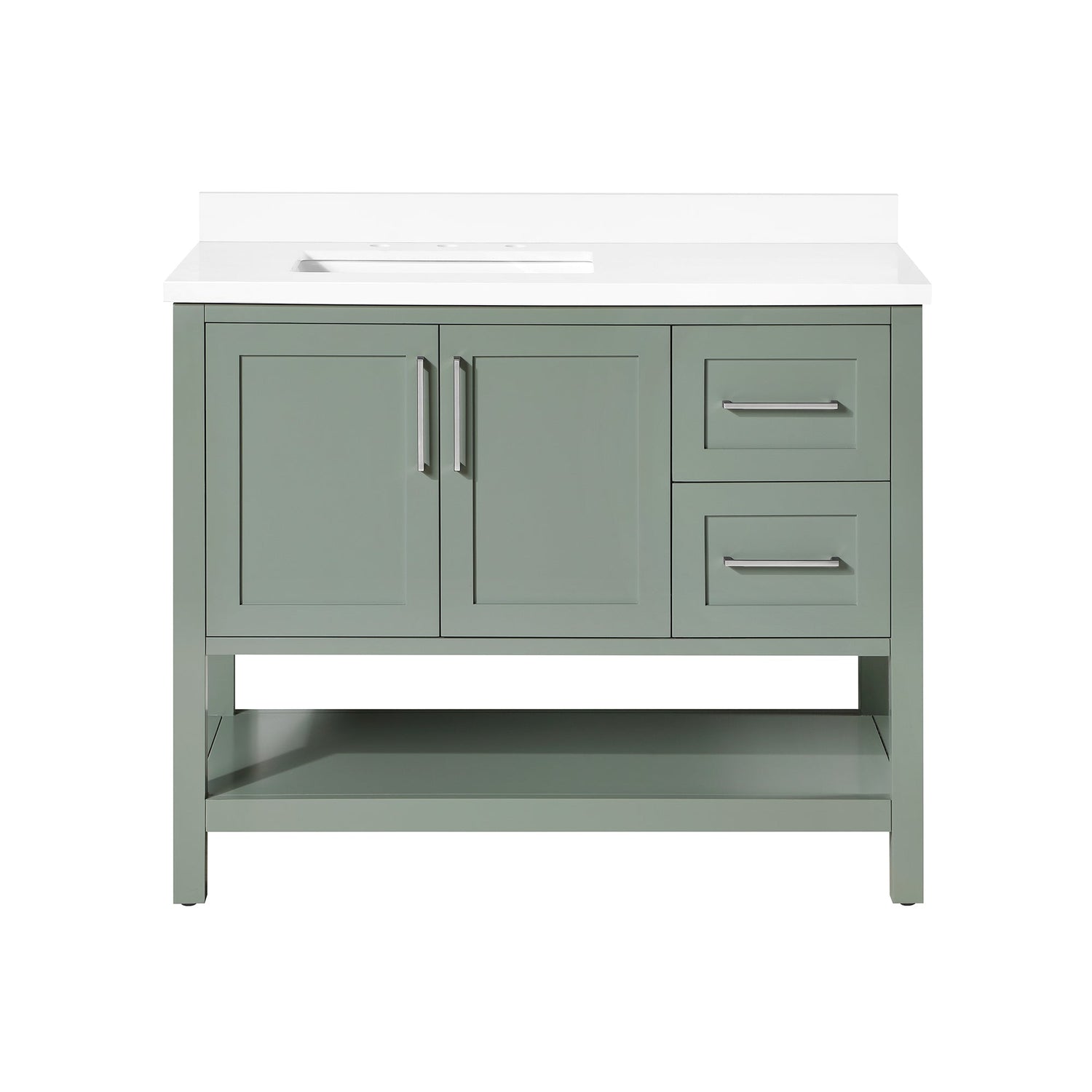 BANKS 42IN VANITY WITH SHAKER DOOR IN SAGE GREEN WHITE QUARTZ TOP & CERAMIC BASIN