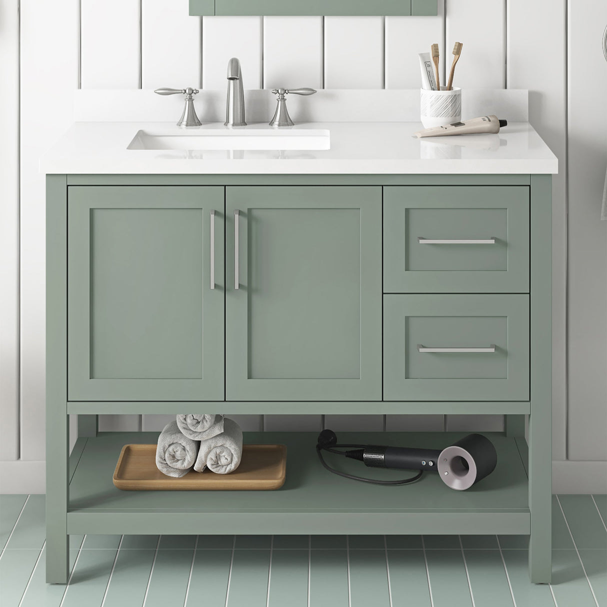 BANKS 42IN VANITY WITH SHAKER DOOR IN SAGE GREEN WHITE QUARTZ TOP & CERAMIC BASIN