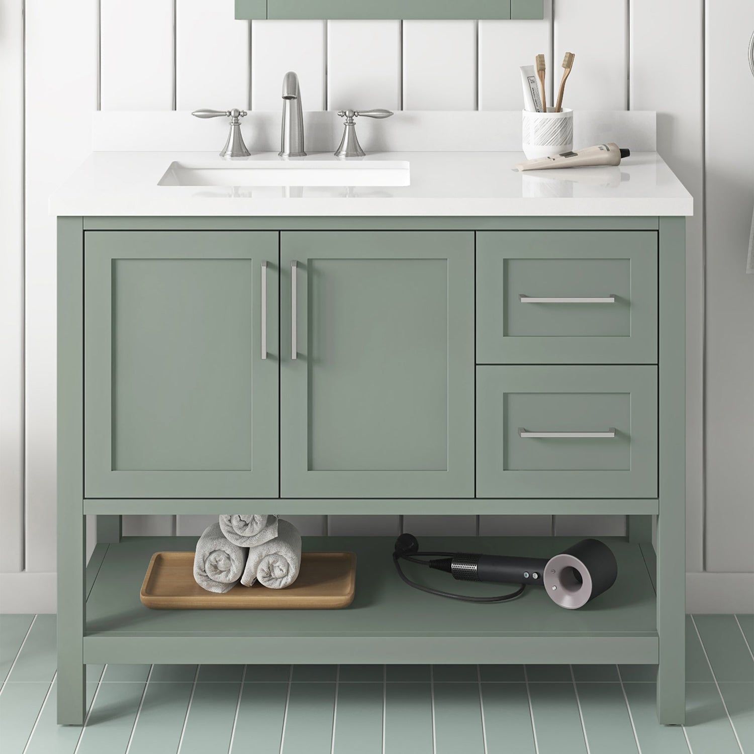 BANKS 42IN VANITY WITH SHAKER DOOR IN SAGE GREEN WHITE QUARTZ TOP & CERAMIC BASIN