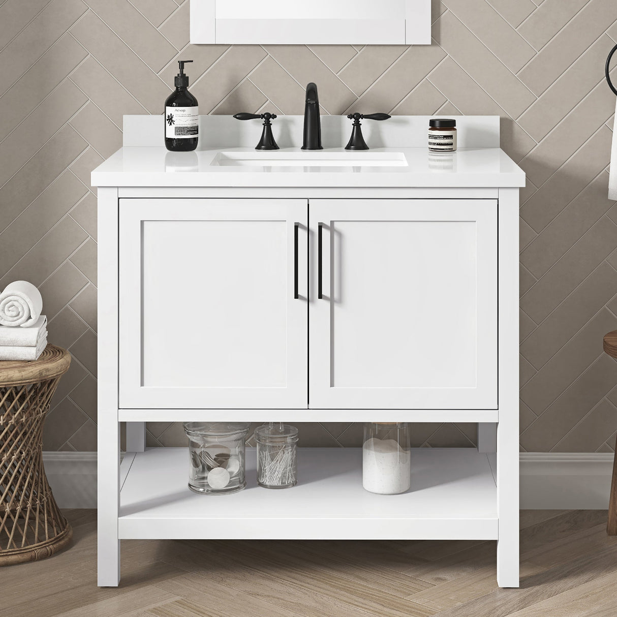 BANKS 36IN VANITY WITH SHAKER DOOR IN WHITE WITH WHITE QUARTZ TOP & CERAMIC BASIN