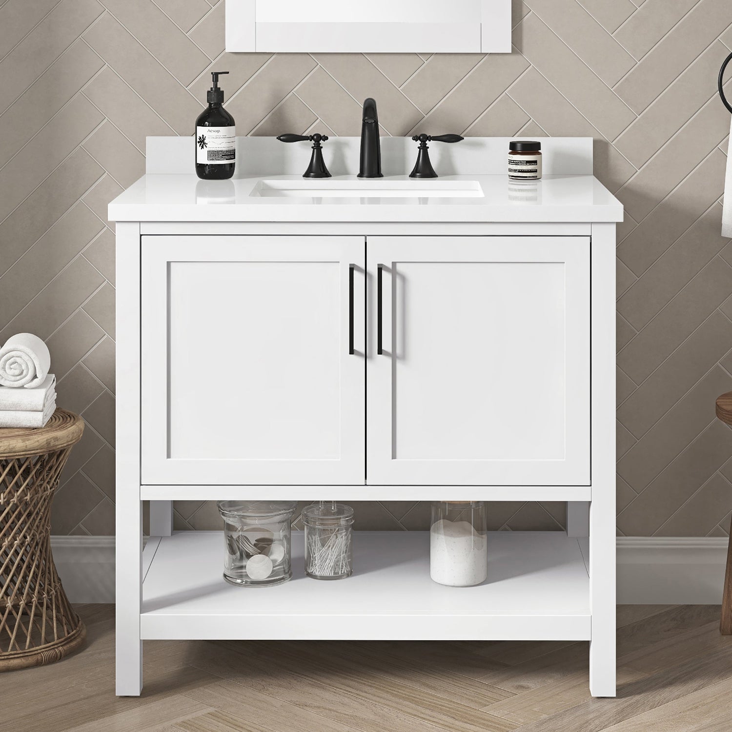 BANKS 36IN VANITY WITH SHAKER DOOR IN WHITE WITH WHITE QUARTZ TOP & CERAMIC BASIN
