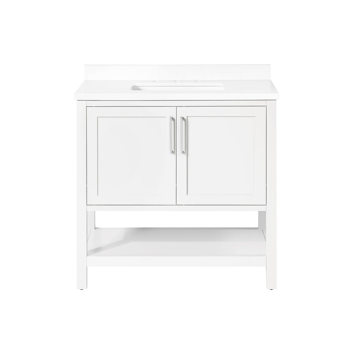 BANKS 36IN VANITY WITH SHAKER DOOR IN WHITE WITH WHITE QUARTZ TOP & CERAMIC BASIN