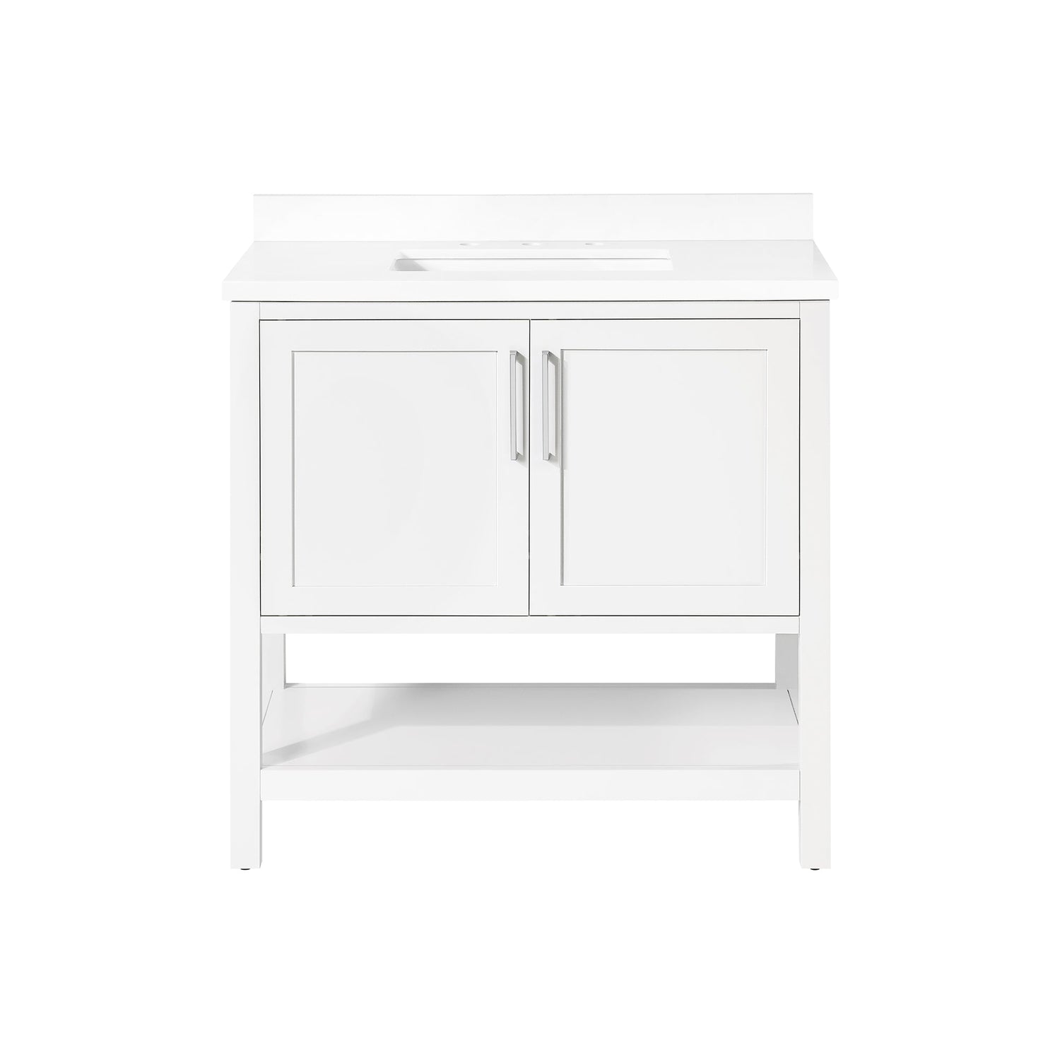 BANKS 36IN VANITY WITH SHAKER DOOR IN WHITE WITH WHITE QUARTZ TOP & CERAMIC BASIN