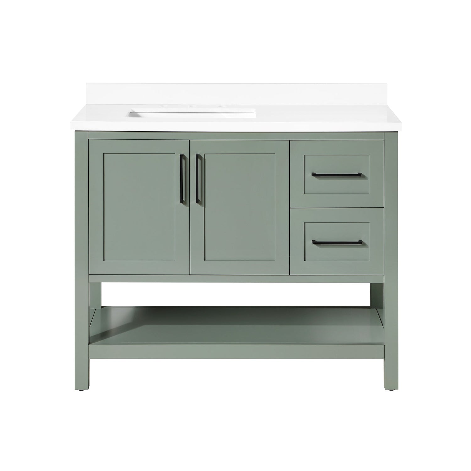 BANKS 42IN VANITY WITH SHAKER DOOR IN SAGE GREEN WHITE QUARTZ TOP & CERAMIC BASIN