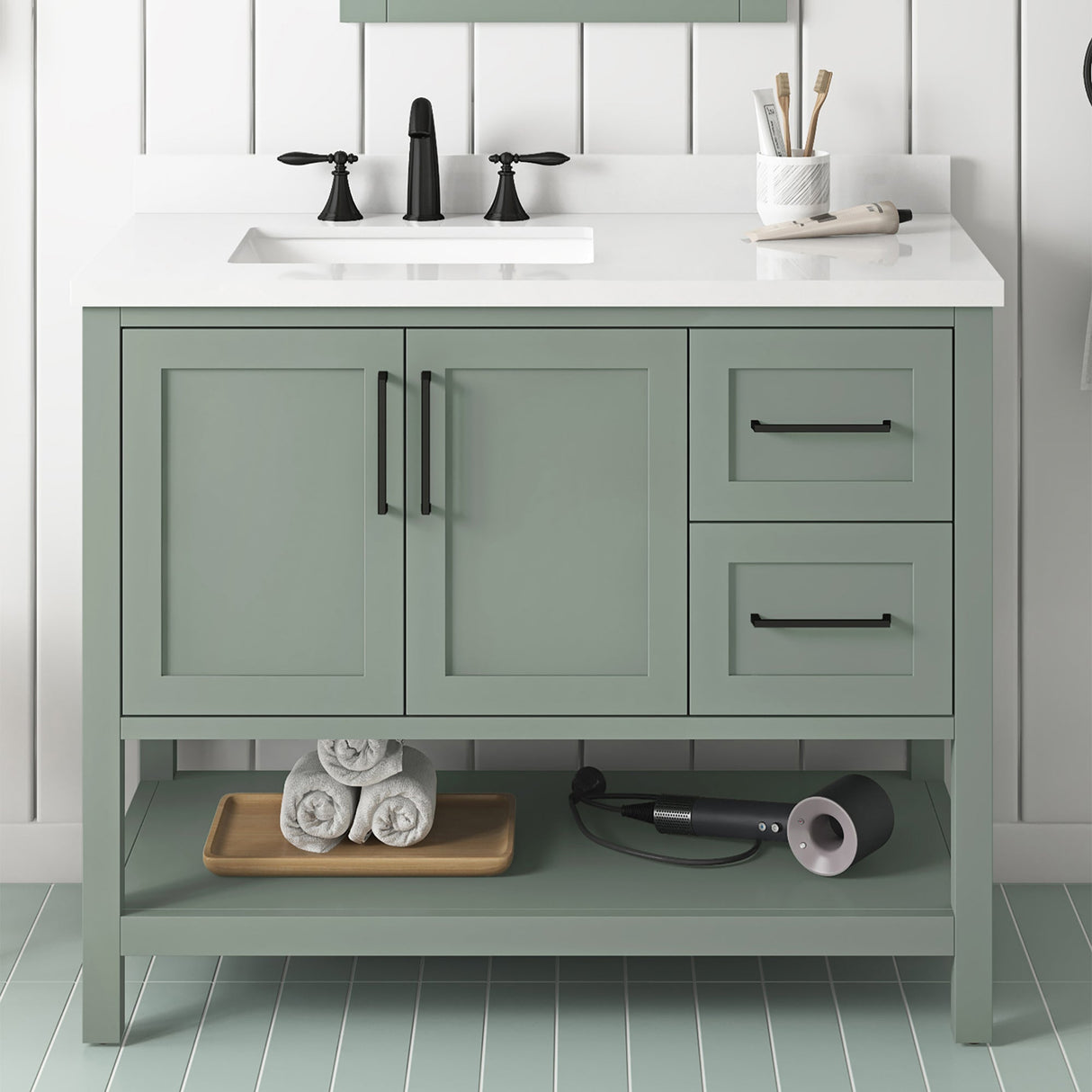 BANKS 42IN VANITY WITH SHAKER DOOR IN SAGE GREEN WHITE QUARTZ TOP & CERAMIC BASIN