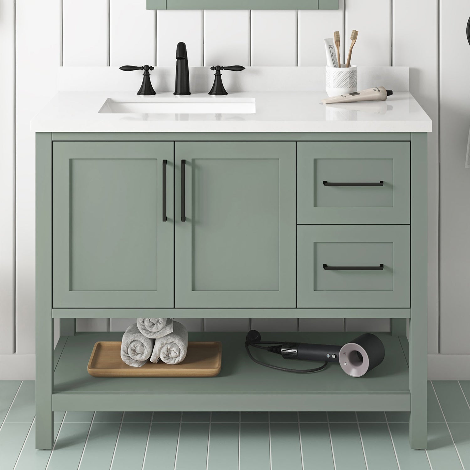 BANKS 42IN VANITY WITH SHAKER DOOR IN SAGE GREEN WHITE QUARTZ TOP & CERAMIC BASIN