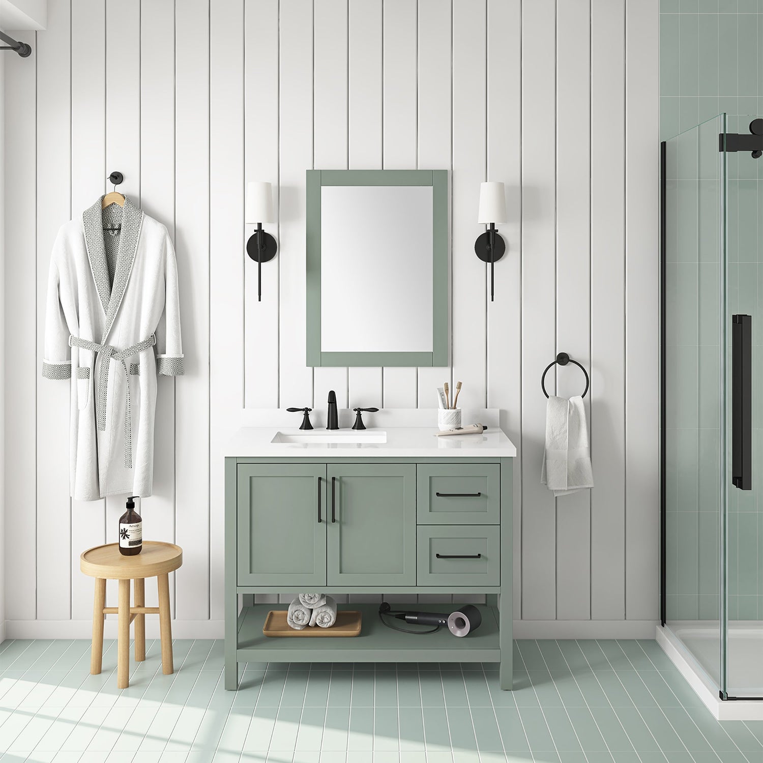 BANKS 42IN VANITY WITH SHAKER DOOR IN SAGE GREEN WHITE QUARTZ TOP & CERAMIC BASIN