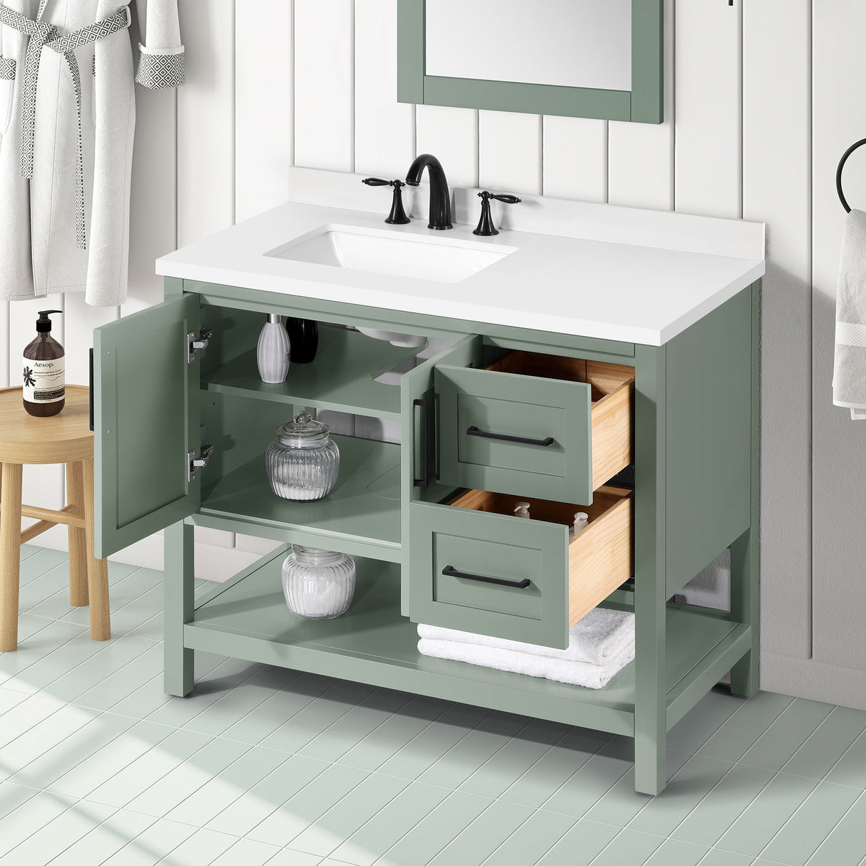 BANKS 42IN VANITY WITH SHAKER DOOR IN SAGE GREEN WHITE QUARTZ TOP & CERAMIC BASIN