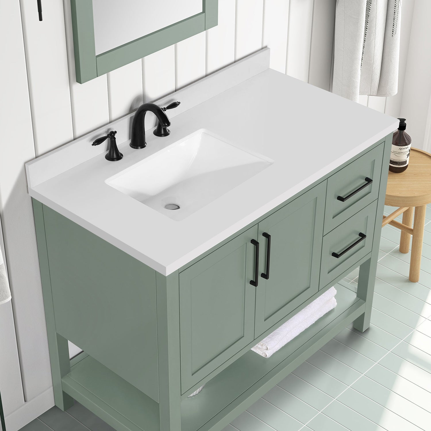 BANKS 42IN VANITY WITH SHAKER DOOR IN SAGE GREEN WHITE QUARTZ TOP & CERAMIC BASIN