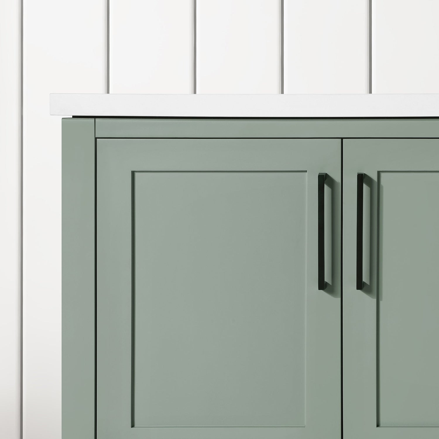 BANKS 42IN VANITY WITH SHAKER DOOR IN SAGE GREEN WHITE QUARTZ TOP & CERAMIC BASIN