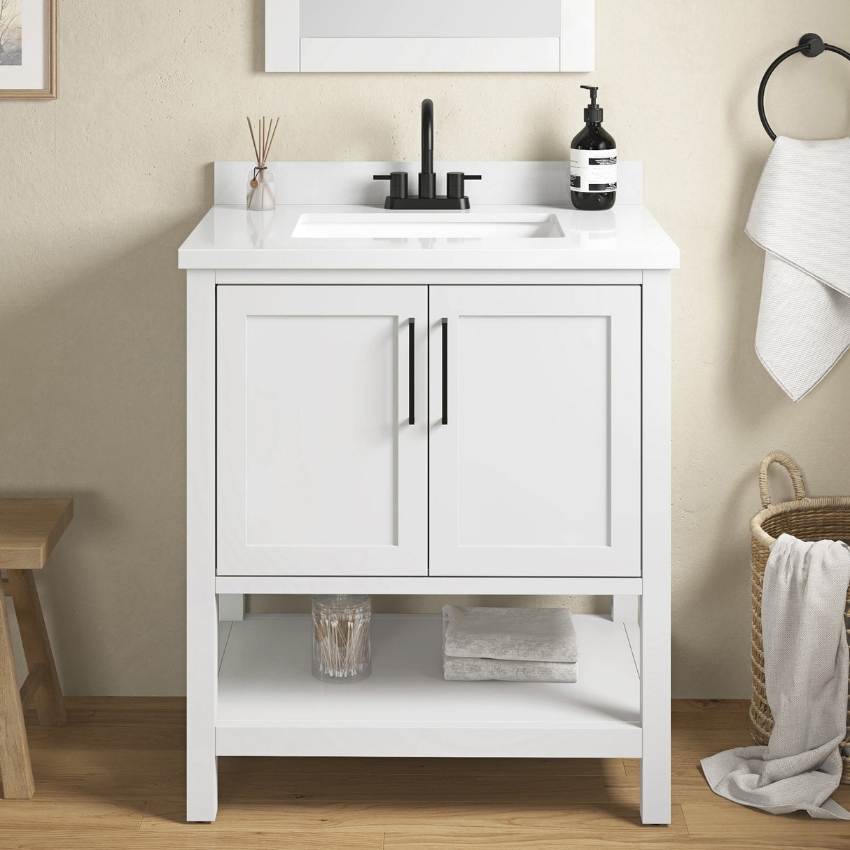 BANKS 30IN VANITY WITH SHAKER DOOR IN WHITE WITH WHITE QUARTZ TOP & CERAMIC BASIN