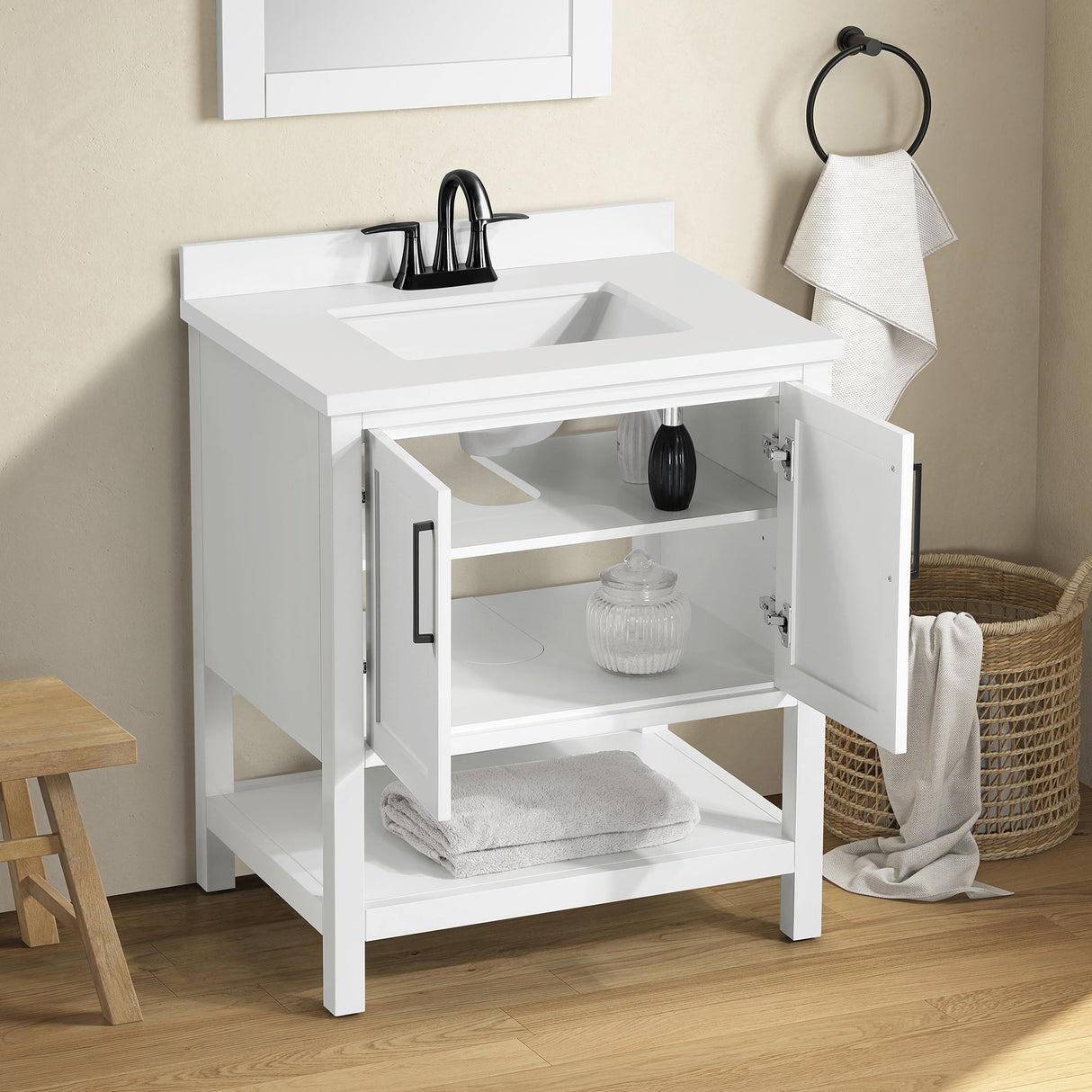 BANKS 30IN VANITY WITH SHAKER DOOR IN WHITE WITH WHITE QUARTZ TOP & CERAMIC BASIN