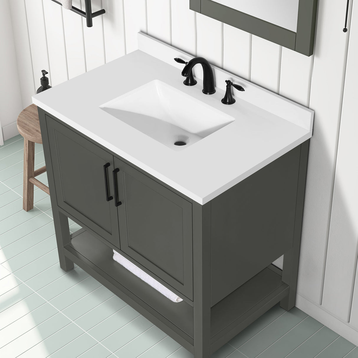 BANKS 36IN VANITY WITH SHAKER DOOR IN CHARCOAL GREY WITH WHITE QUARTZ TOP & CERAMIC BASIN