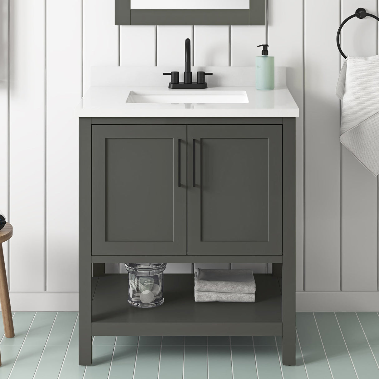 BANKS 30IN VANITY WITH SHAKER DOOR IN CHARCOAL GREY WITH WHITE QUARTZ TOP & CERAMIC BASIN