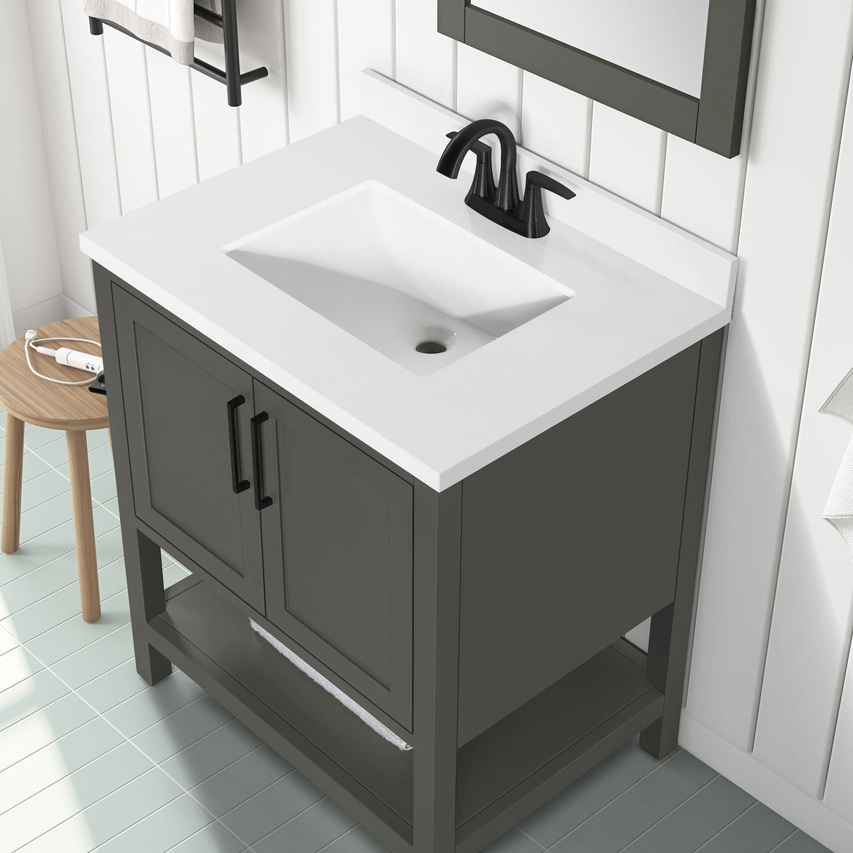 BANKS 30IN VANITY WITH SHAKER DOOR IN CHARCOAL GREY WITH WHITE QUARTZ TOP & CERAMIC BASIN