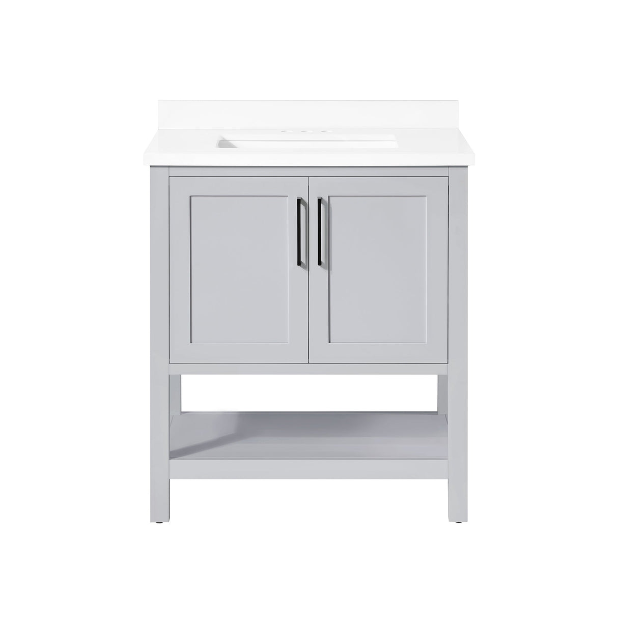 BANKS 30IN VANITY WITH SHAKER DOOR IN DOVE GREY WITH WHITE QUARTZ TOP & CERAMIC BASIN