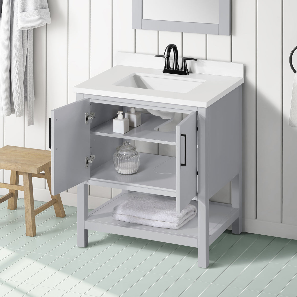 BANKS 30IN VANITY WITH SHAKER DOOR IN DOVE GREY WITH WHITE QUARTZ TOP & CERAMIC BASIN