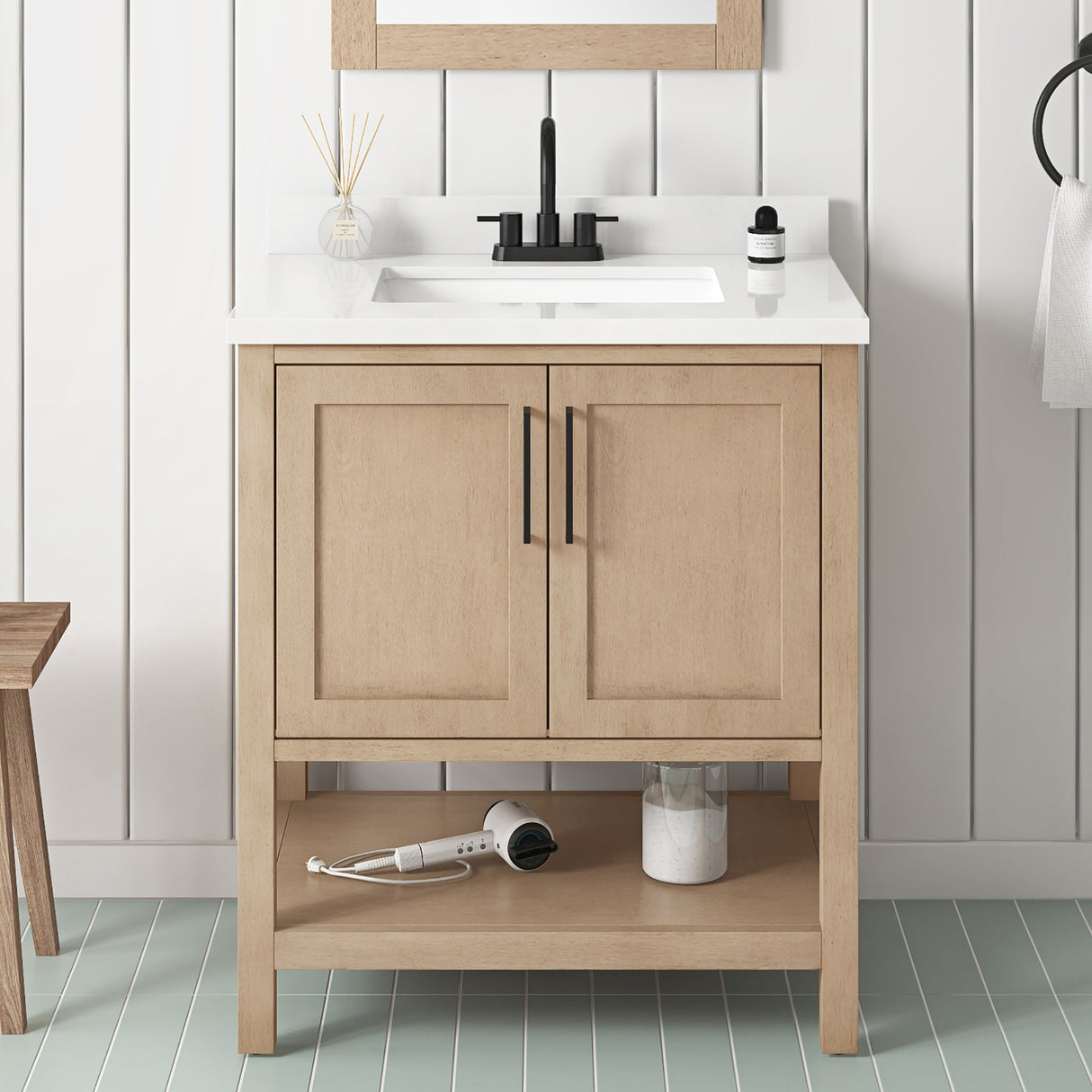 BANKS 30IN VANITY WITH SHAKER DOOR IN SAHARA BIRCH WHITE QUARTZ TOP & CERAMIC BASIN
