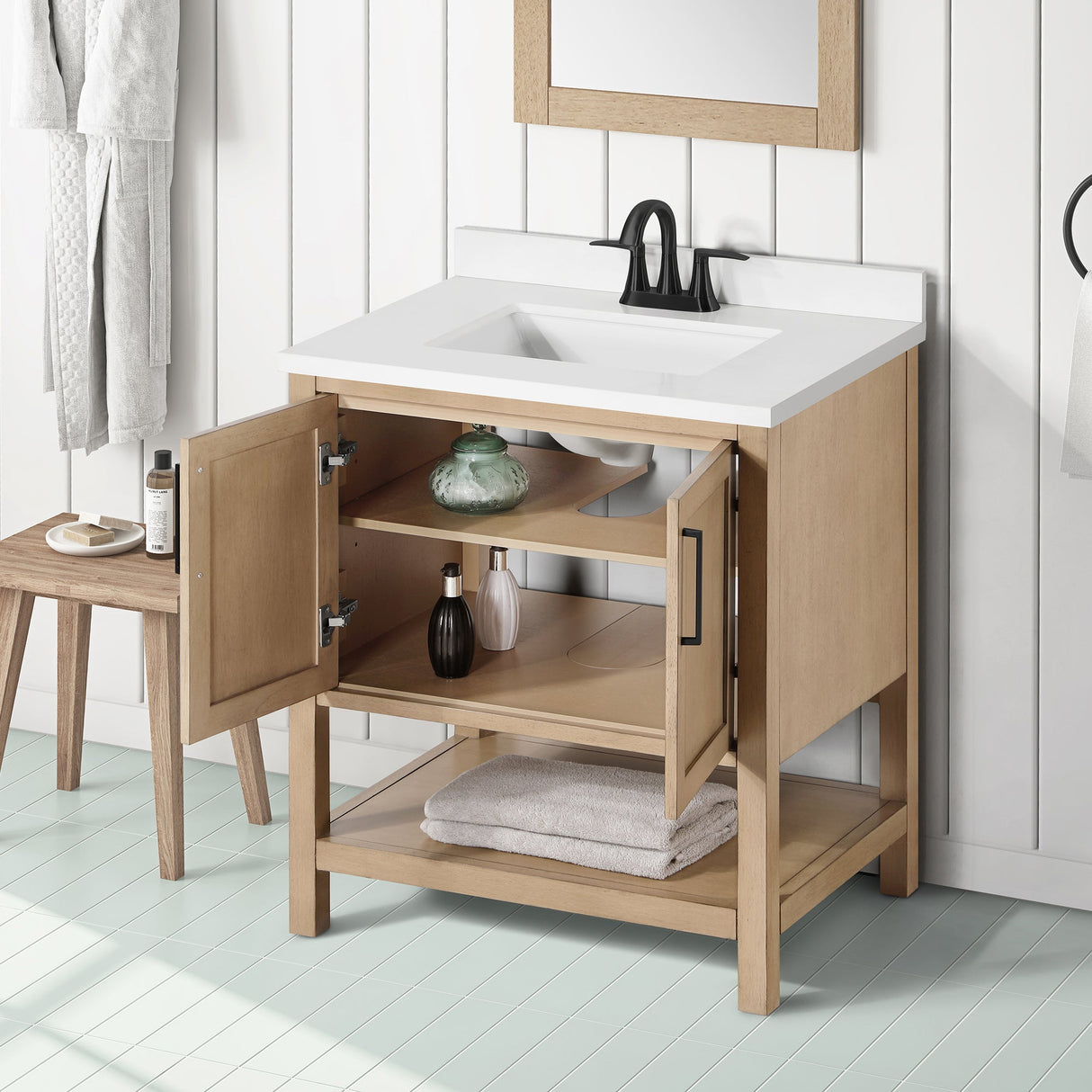 BANKS 30IN VANITY WITH SHAKER DOOR IN SAHARA BIRCH WHITE QUARTZ TOP & CERAMIC BASIN
