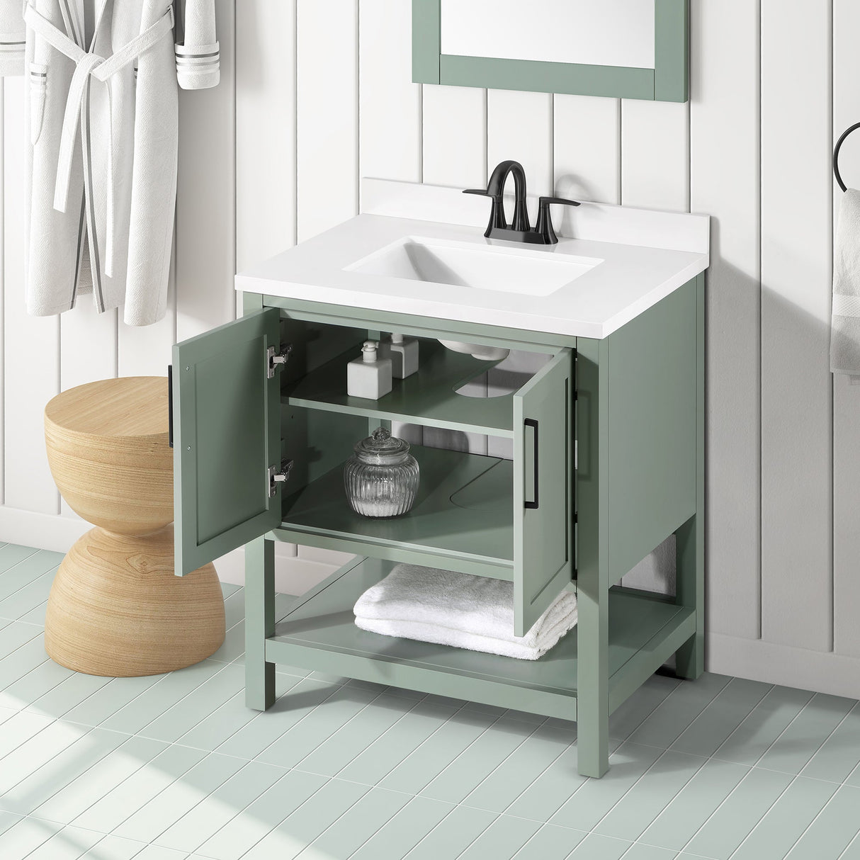 BANKS 30IN VANITY WITH SHAKER DOOR IN SAGE GREEN WHITE QUARTZ TOP & CERAMIC BASIN