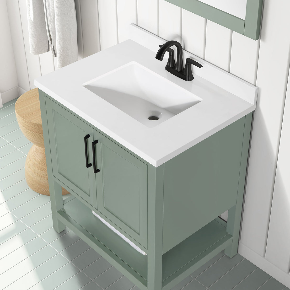 BANKS 30IN VANITY WITH SHAKER DOOR IN SAGE GREEN WHITE QUARTZ TOP & CERAMIC BASIN