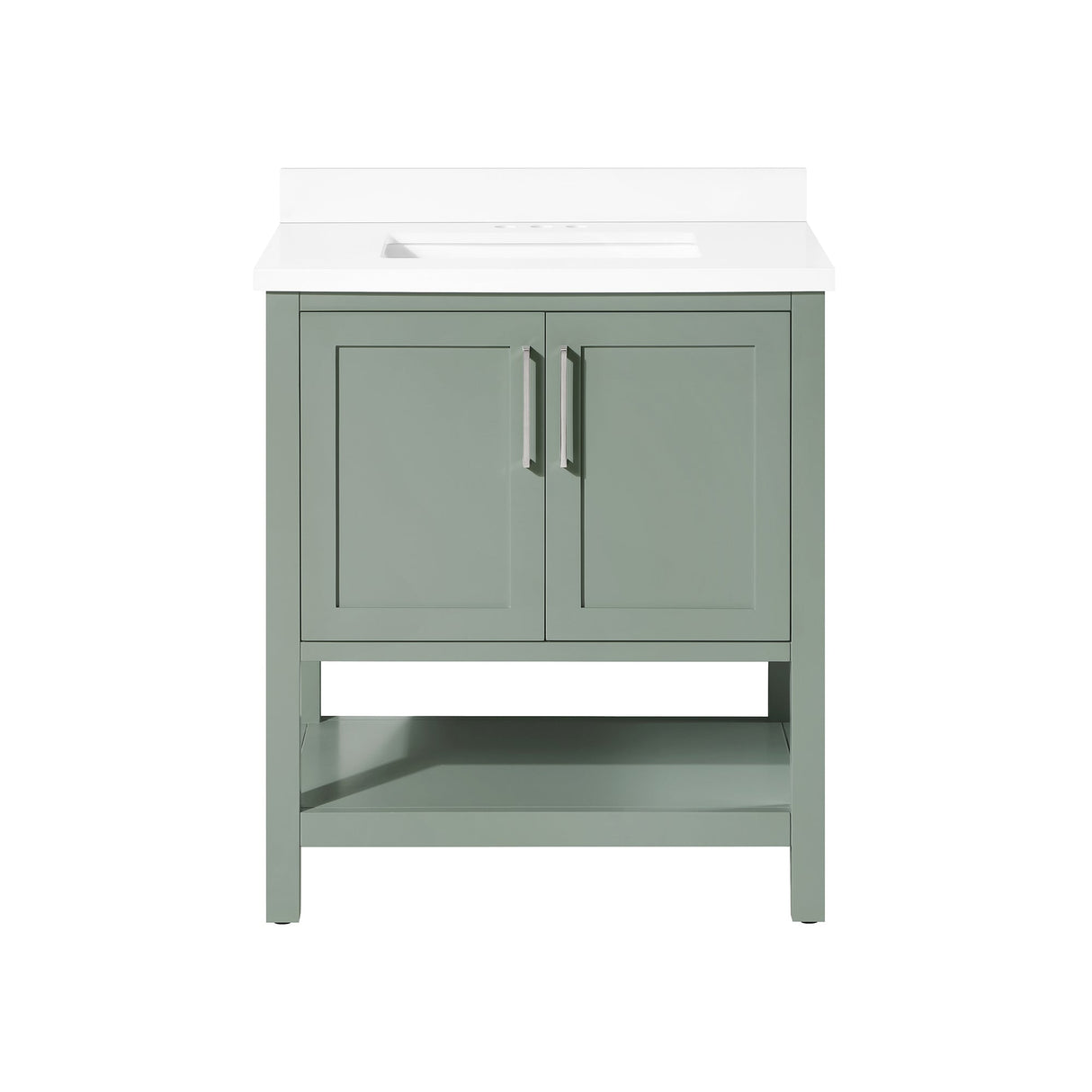 BANKS 30IN VANITY WITH SHAKER DOOR IN SAGE GREEN WHITE QUARTZ TOP & CERAMIC BASIN