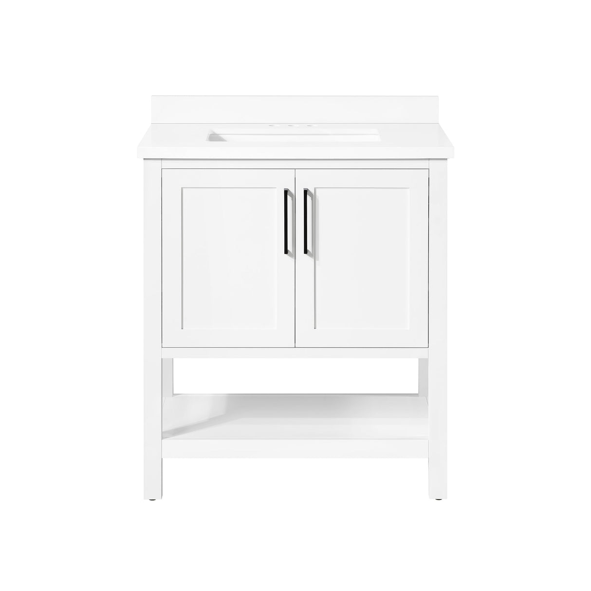 BANKS 30IN VANITY WITH SHAKER DOOR IN WHITE WITH WHITE QUARTZ TOP & CERAMIC BASIN