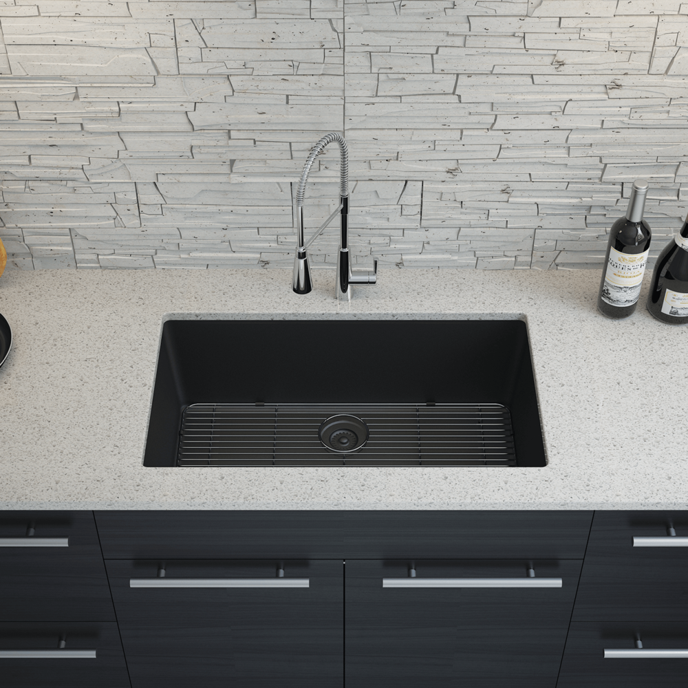 32 in. Single Bowl Undermount Quartz Kitchen Sink, Black