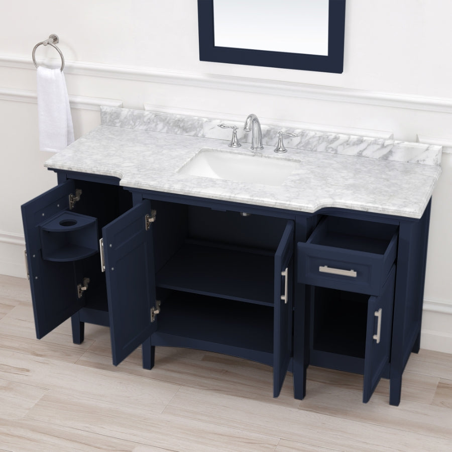 Ellis 60 in. Vanity in Midnight Blue with Carrara Marble Top & Ceramic Basins