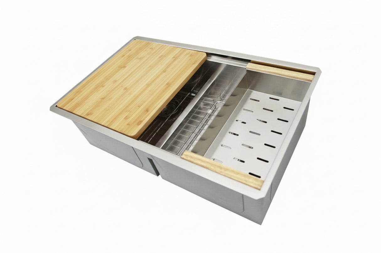 32 in. 50/50 Zero Radius Double Bowl Kitchen Sink - Workstation