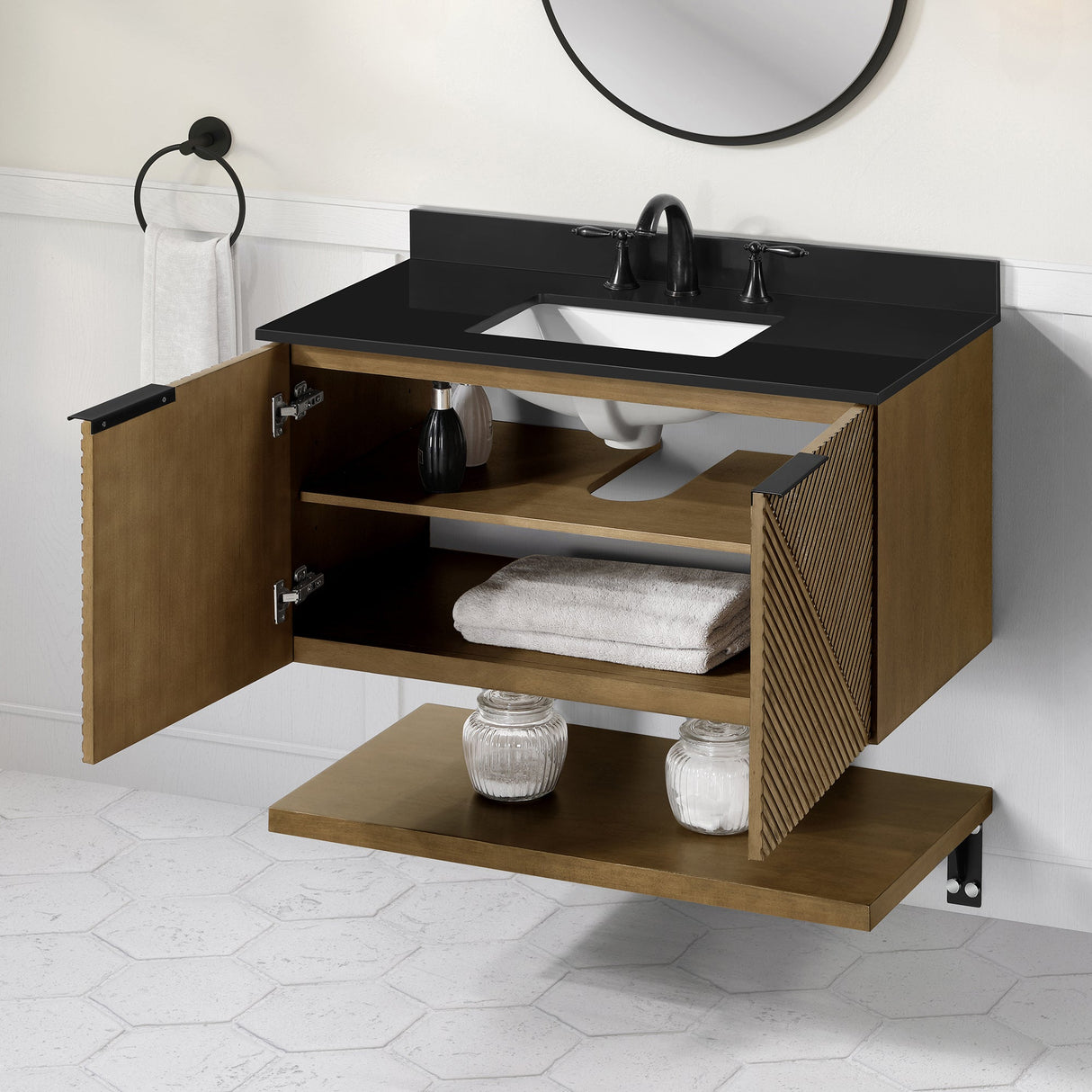 WYLDER 36IN VANITY IN ALMOND LATTE WITH BLACK GRANITE TOP & CERAMIC BASIN