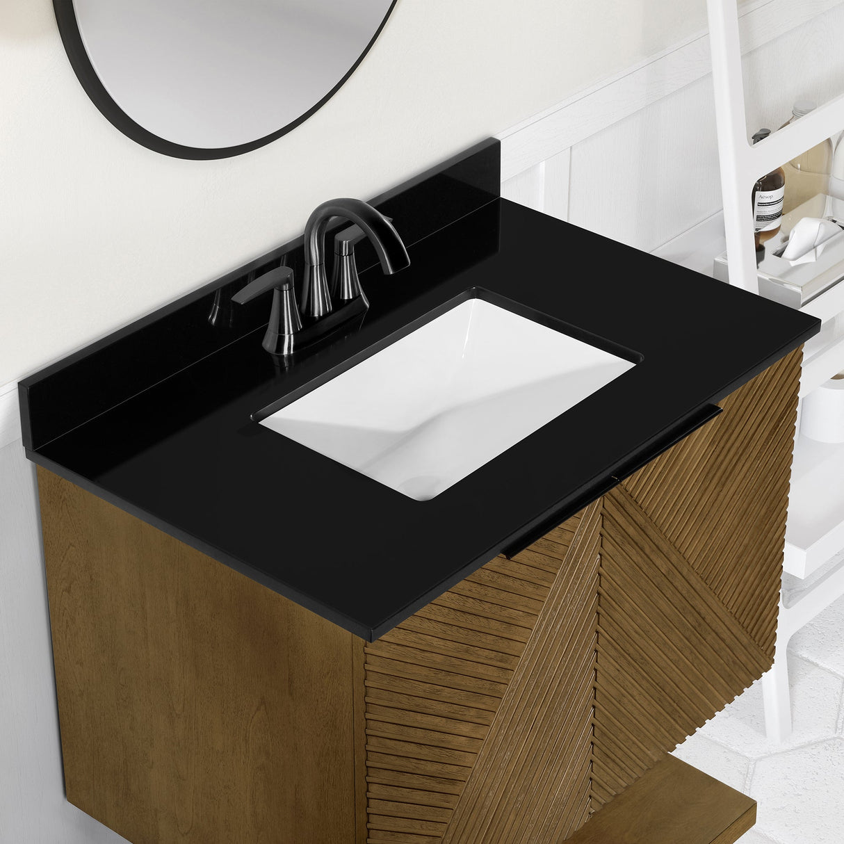 WYLDER 30IN VANITY IN ALMOND LATTE WITH BLACK GRANITE TOP & CERAMIC BASIN