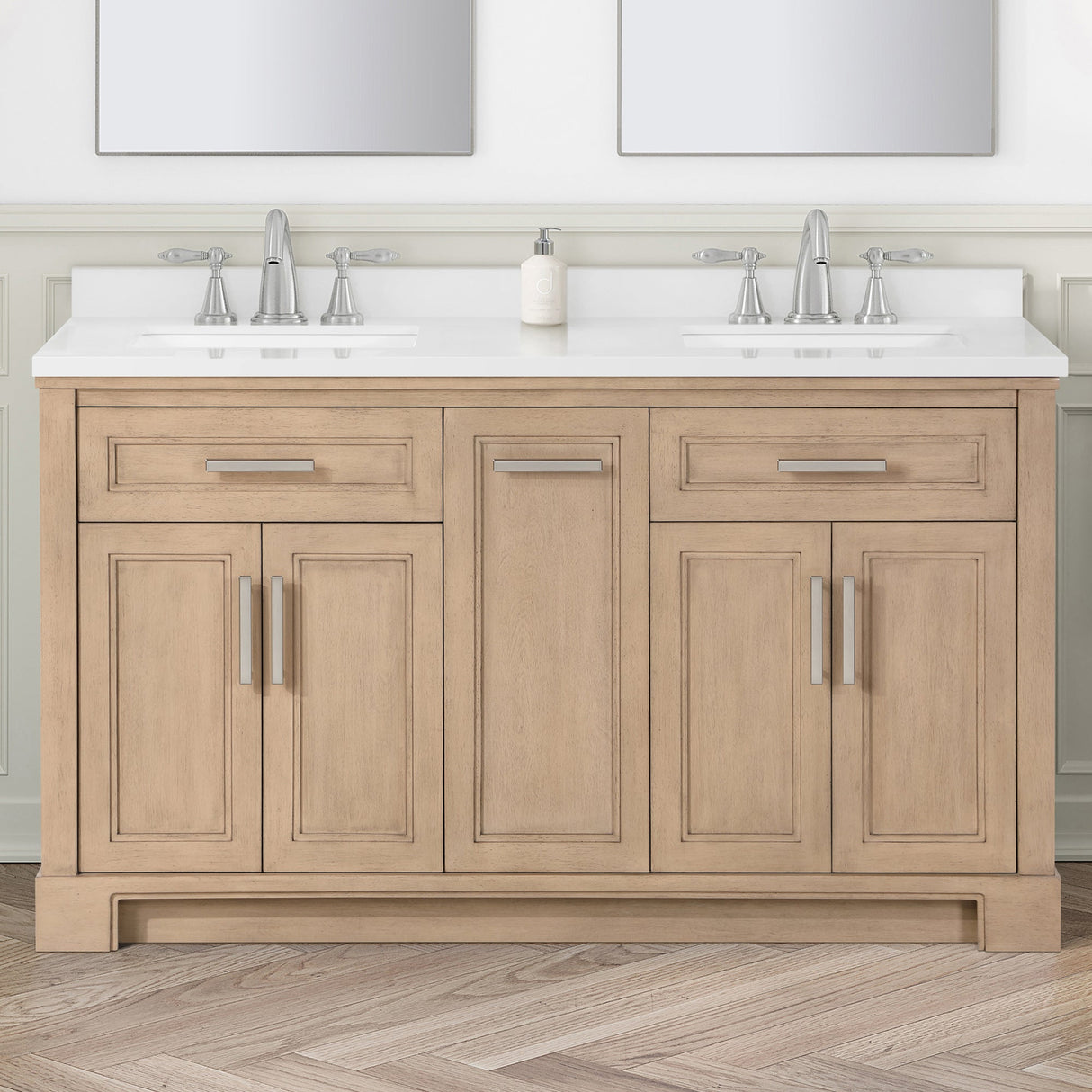 SCARLETT 60IN VANITY IN SAHARA BIRCH WITH WHITE QUARTZ TOP & CERAMIC BASIN