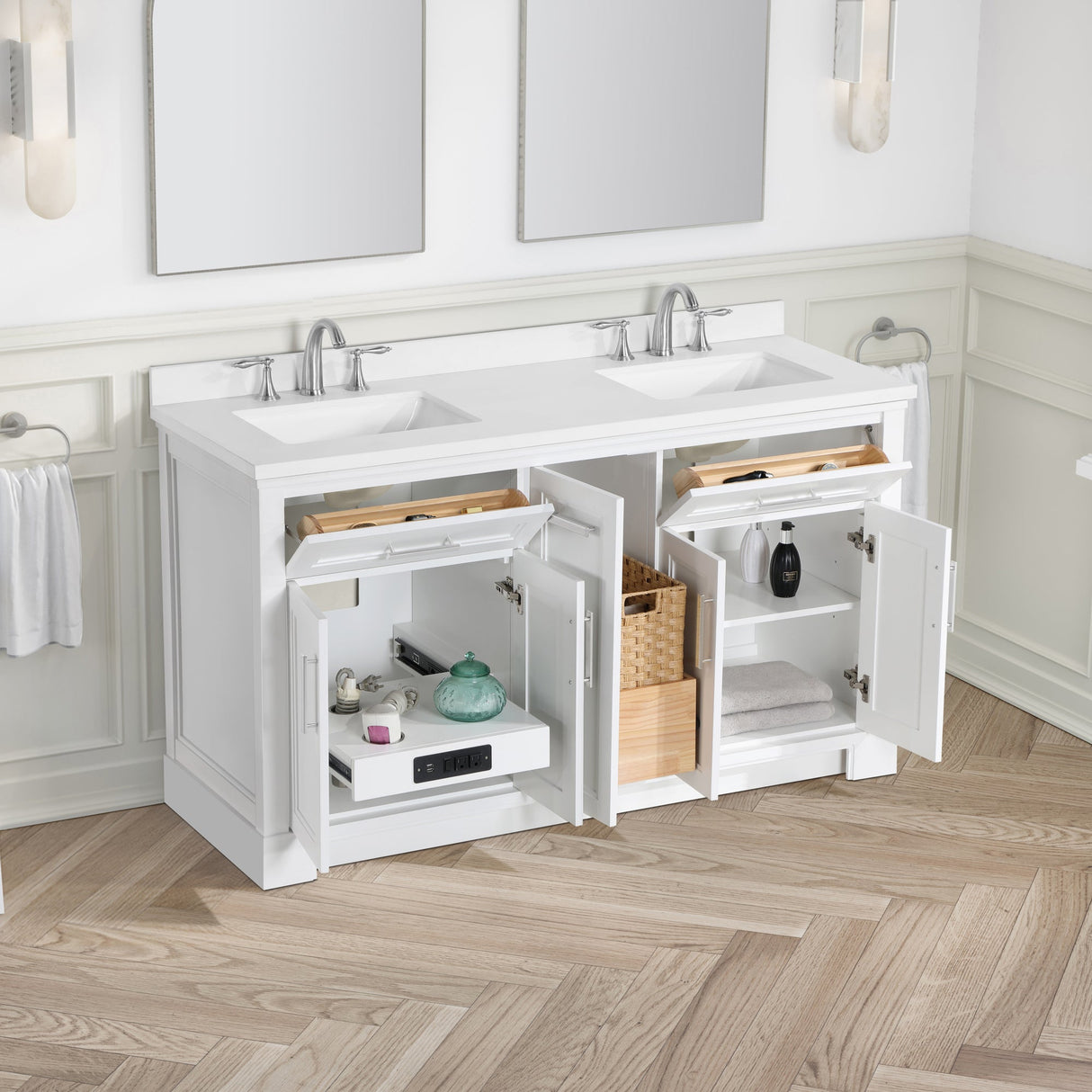 SCARLETT 60IN VANITY IN WHITE WITH WHITE QUARTZ TOP & CERAMIC BASIN