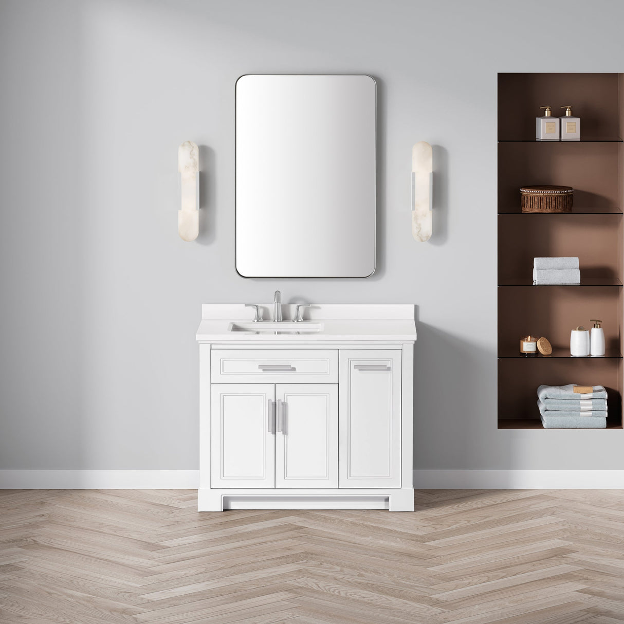 SCARLETT 42IN VANITY IN WHITE WITH WHITE QUARTZ TOP & CERAMIC BASIN