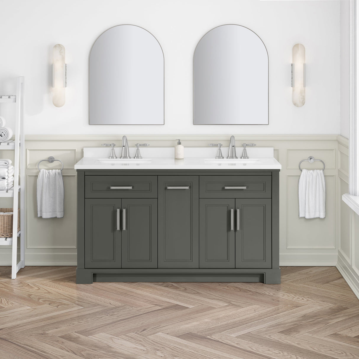SCARLETT 60IN VANITY IN CHARCOAL GREY WITH WHITE QUARTZ TOP & CERAMIC BASIN