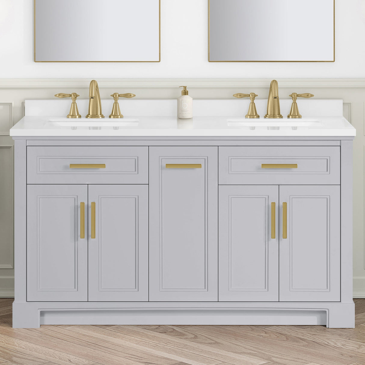 SCARLETT 60IN VANITY IN DOVE GREY WITH WHITE QUARTZ TOP & CERAMIC BASIN