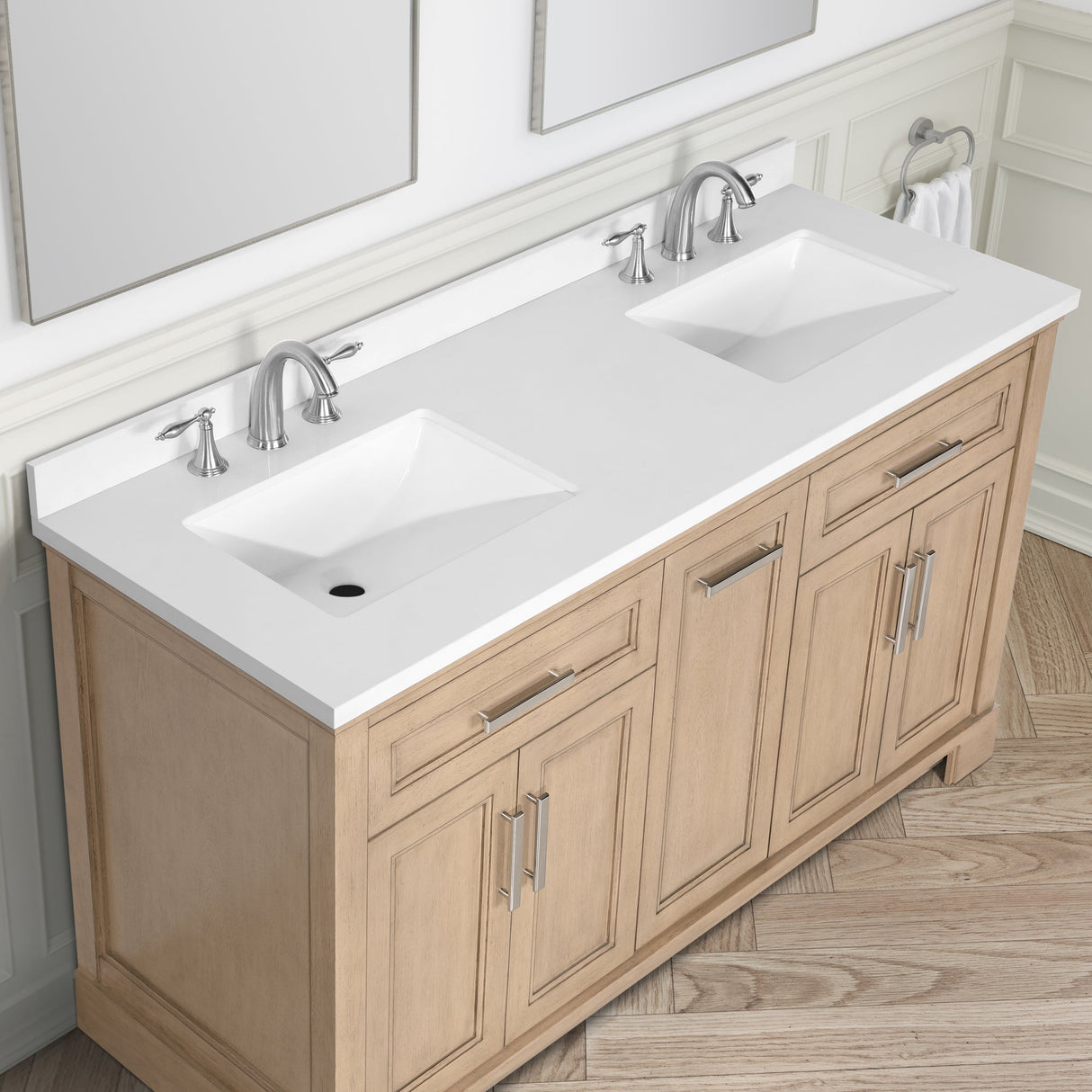 SCARLETT 60IN VANITY IN SAHARA BIRCH WITH WHITE QUARTZ TOP & CERAMIC BASIN