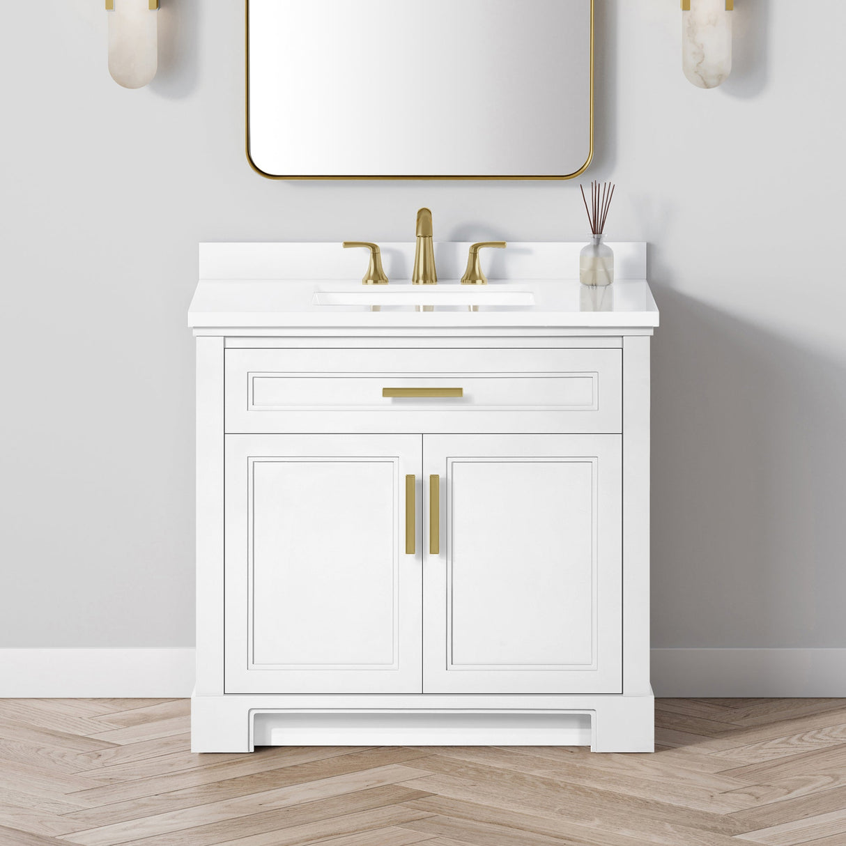 SCARLETT 36IN VANITY IN WHITE WITH WHITE QUARTZ TOP & CERAMIC BASIN