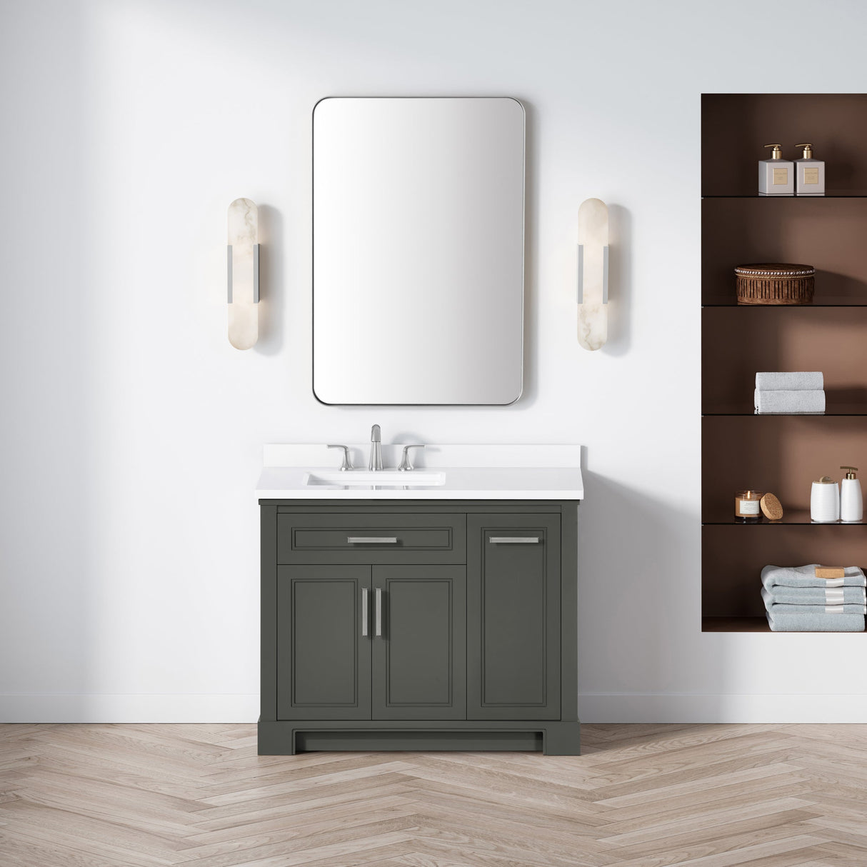 SCARLETT 42IN VANITY IN CHARCOAL GREY WITH WHITE QUARTZ TOP & CERAMIC BASIN