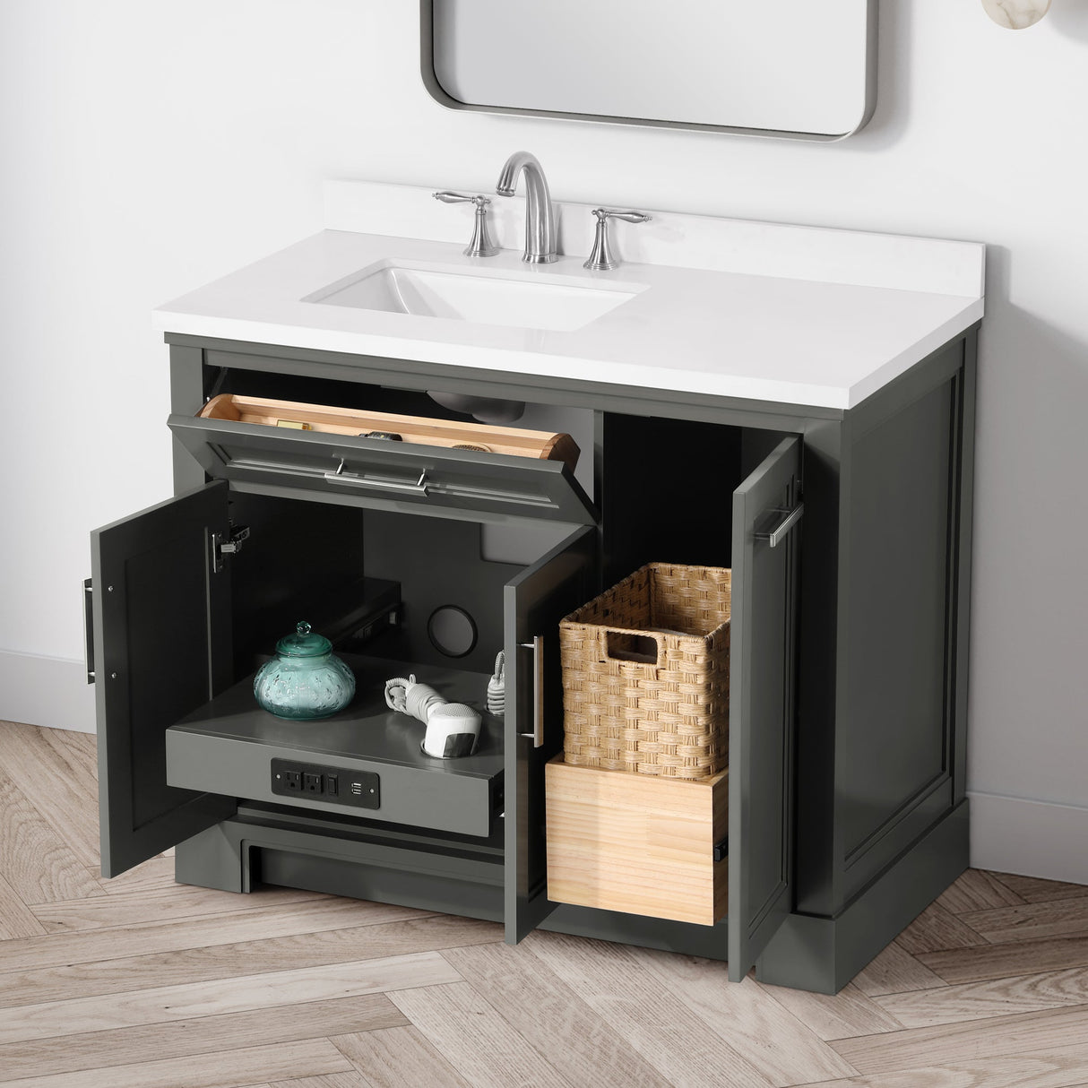 SCARLETT 42IN VANITY IN CHARCOAL GREY WITH WHITE QUARTZ TOP & CERAMIC BASIN