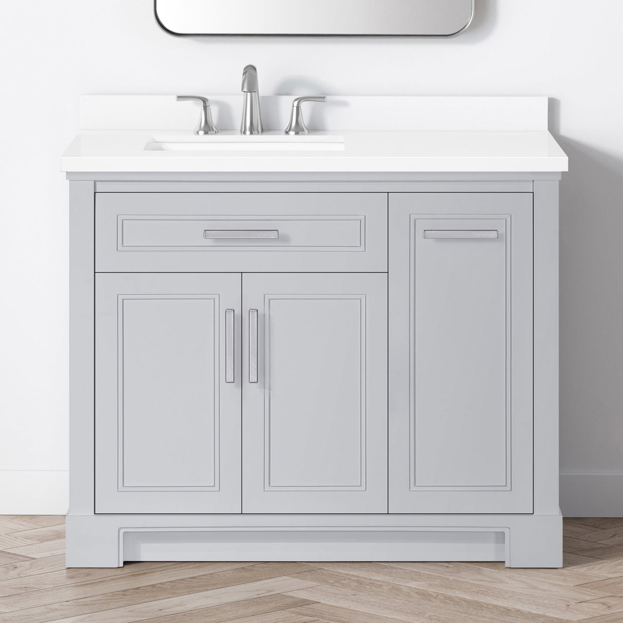 SCARLETT 42IN VANITY IN DOVE GREY WITH WHITE QUARTZ TOP & CERAMIC BASIN