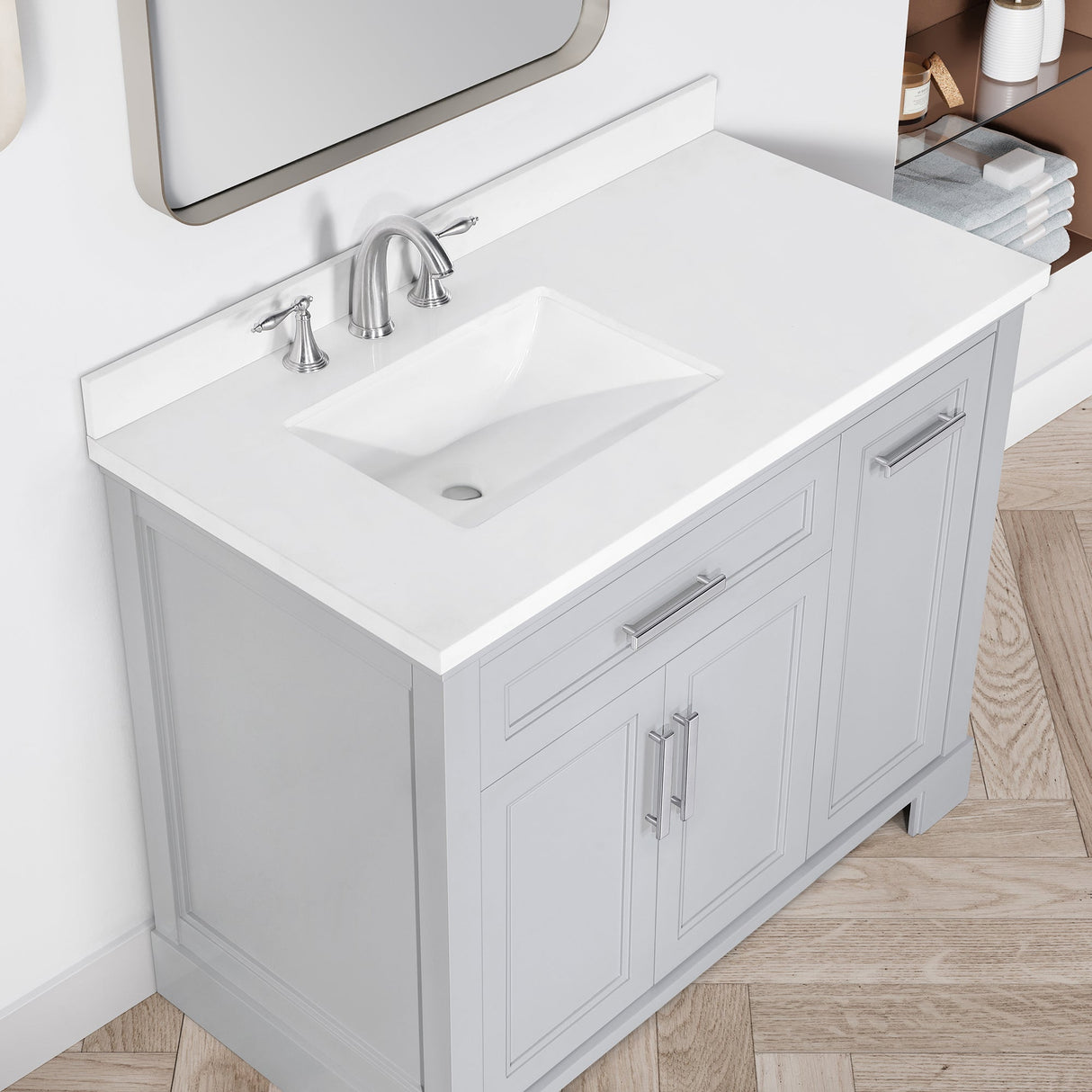 SCARLETT 42IN VANITY IN DOVE GREY WITH WHITE QUARTZ TOP & CERAMIC BASIN