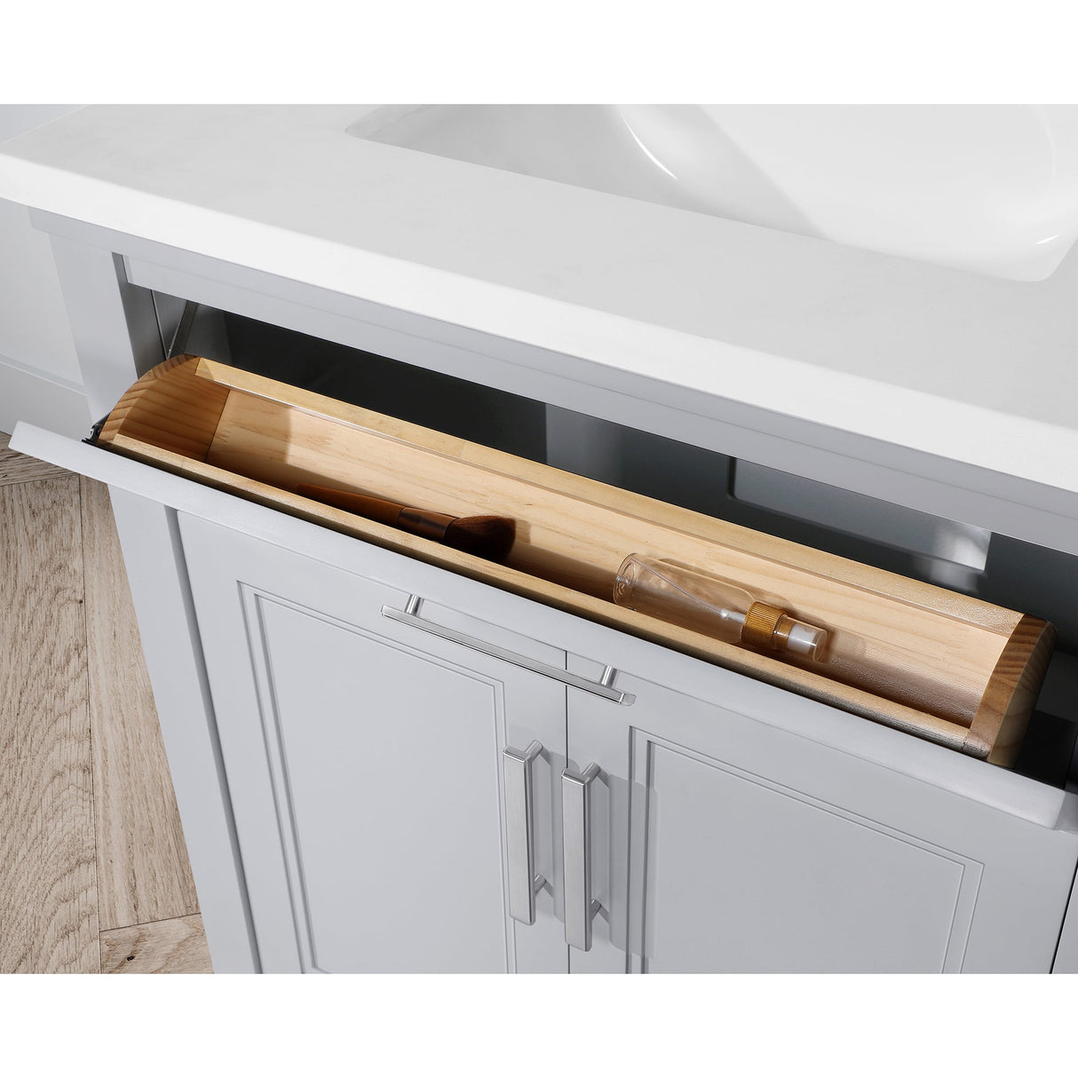 SCARLETT 42IN VANITY IN DOVE GREY WITH WHITE QUARTZ TOP & CERAMIC BASIN