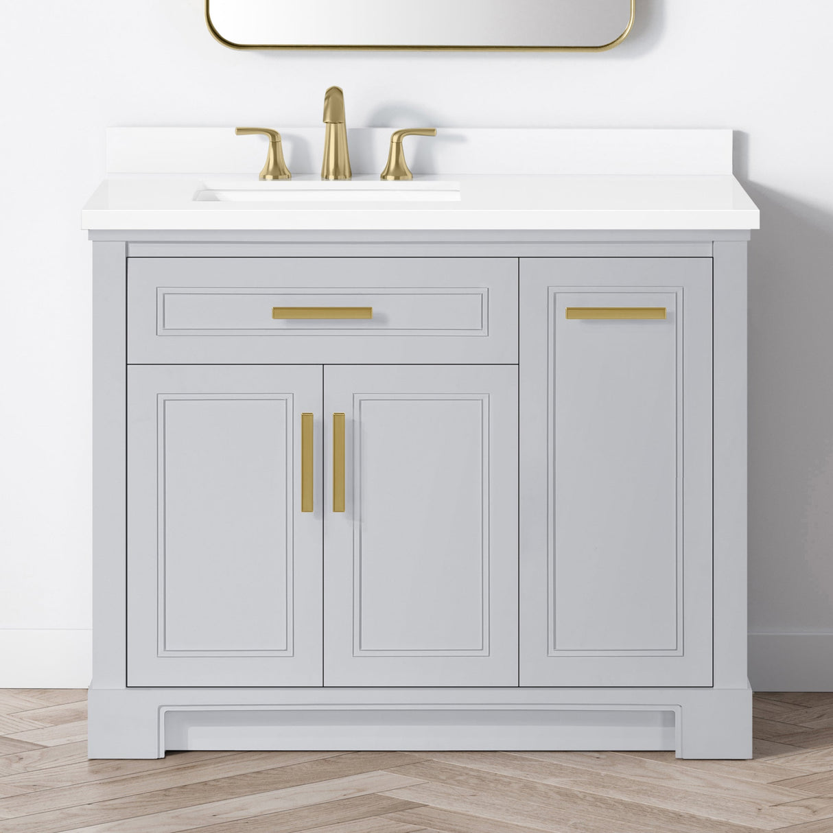 SCARLETT 42IN VANITY IN DOVE GREY WITH WHITE QUARTZ TOP & CERAMIC BASIN